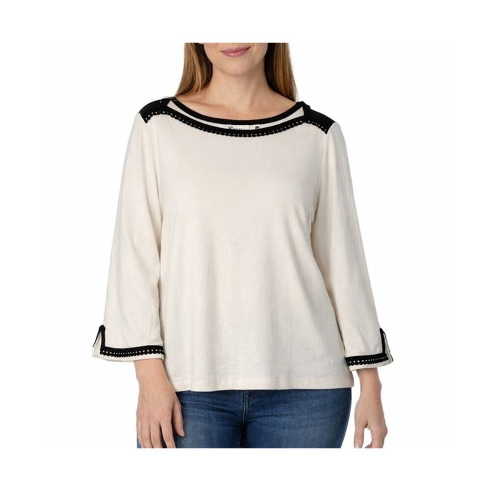 Rafaella Sweater Womens Size XLP Pullover White Black Trim Pom Pom Detail Chic